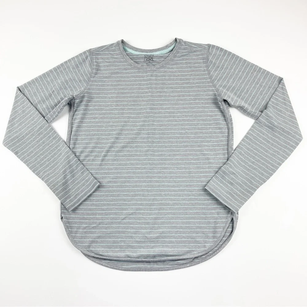 Athleta Girl Heather Gray Mint Stripe Long Sleeve Tee L 12 - Picture 1 of 3